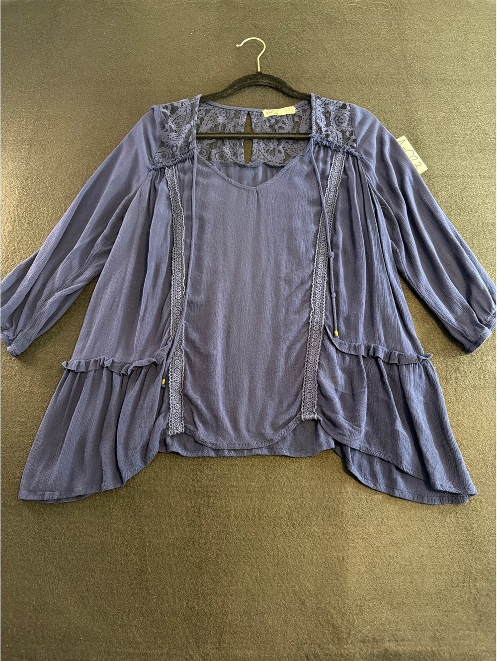 Jolt Women’s Navy Blue Boho Peasant Tunic Top Medium Lace 3/4 Sleeve Babydoll